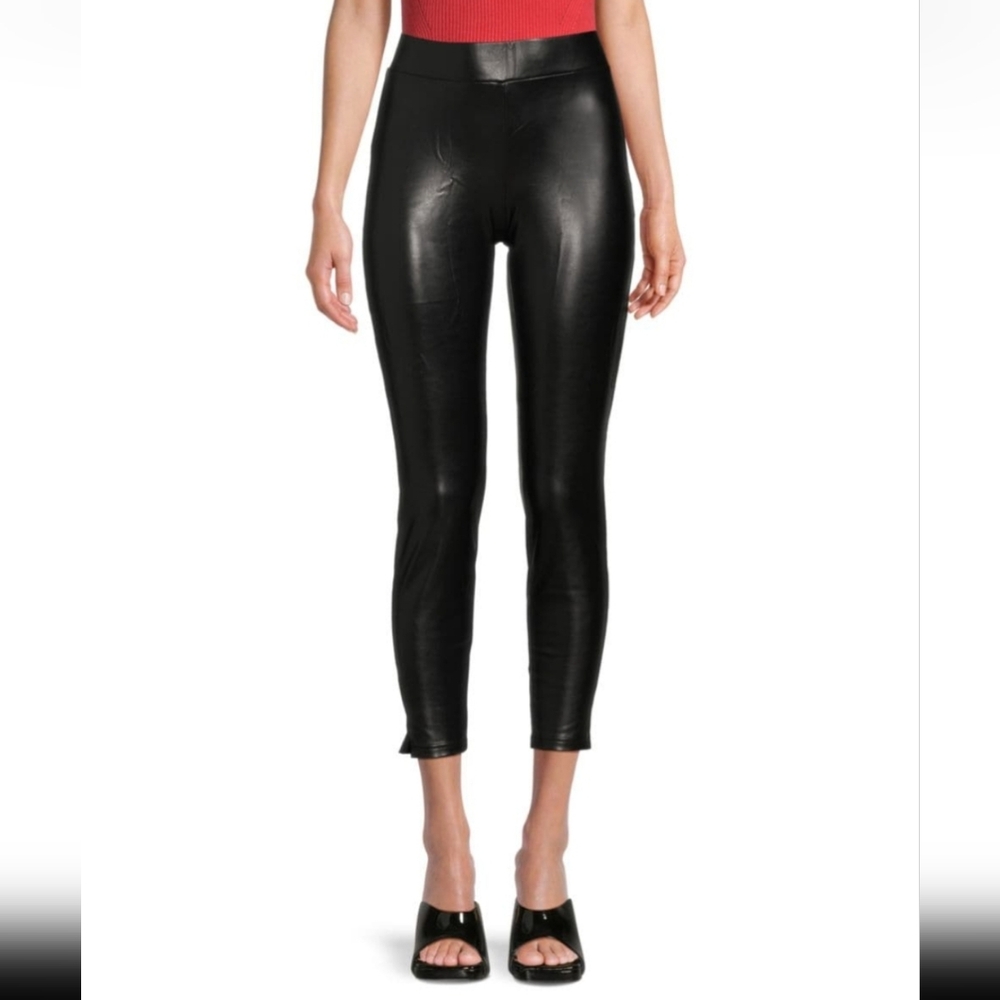 NWT HUE Black‎ Faux Leather Cropped Side Silt Leatherette Leggings S